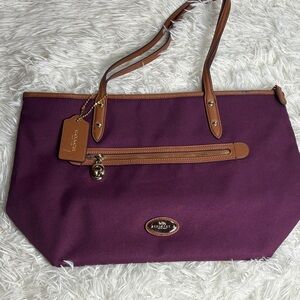 Coach Sawyer Plum Canvas & Leather Tote Bag Gold Hardware Charm
